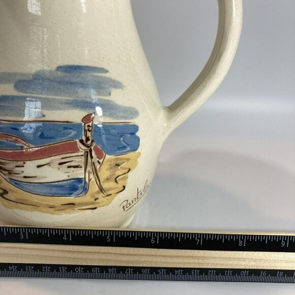 Ceramiques Pantaleu Glazed Cream Blue Beach Scene Pottery Pitcher Made in Spain - Picture 10 of 10